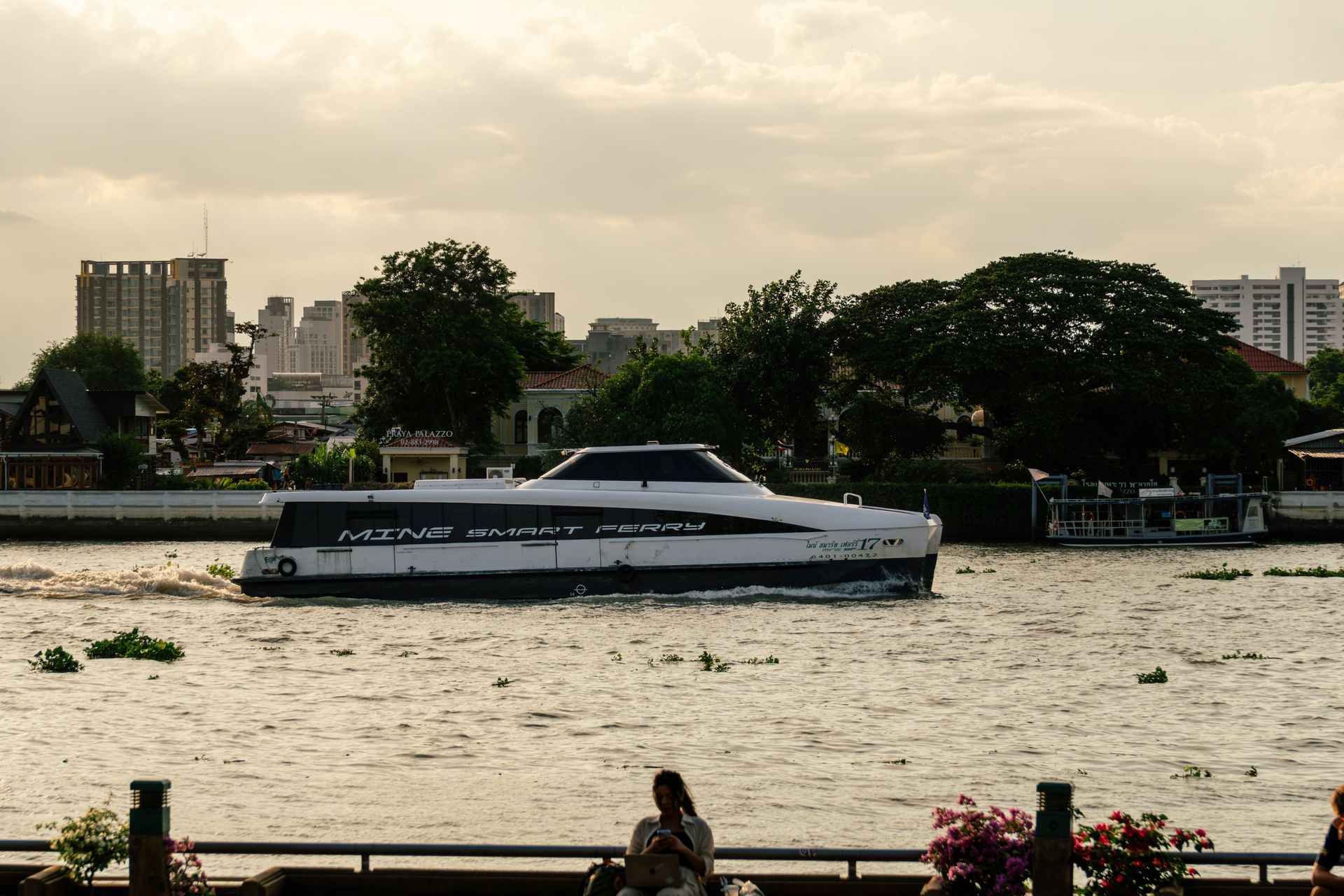 A sleek, eco-friendly ferry navigates the Chao Phraya River in Bangkok during golden hour, showcasing urban transport.
