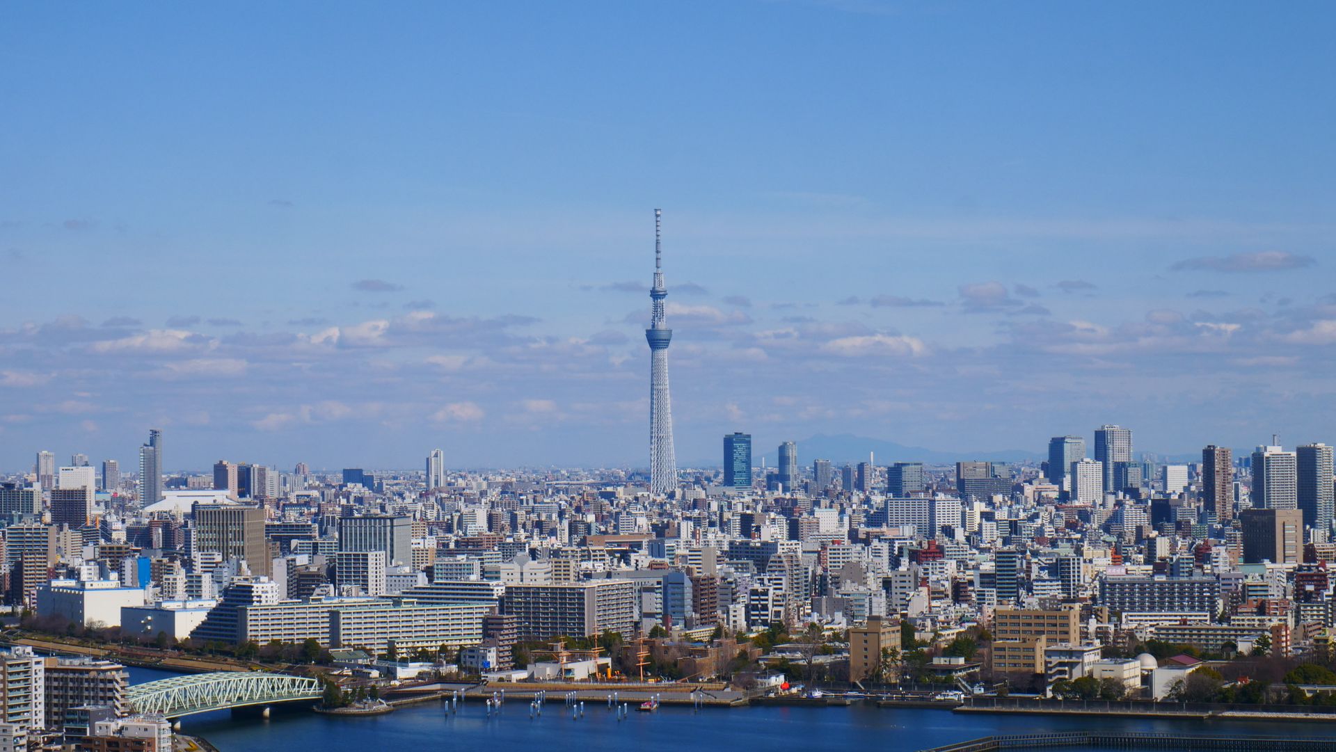 Aerial view of Tokyo skyline, featuring the iconic Tokyo Skytree under a clear blue sky.