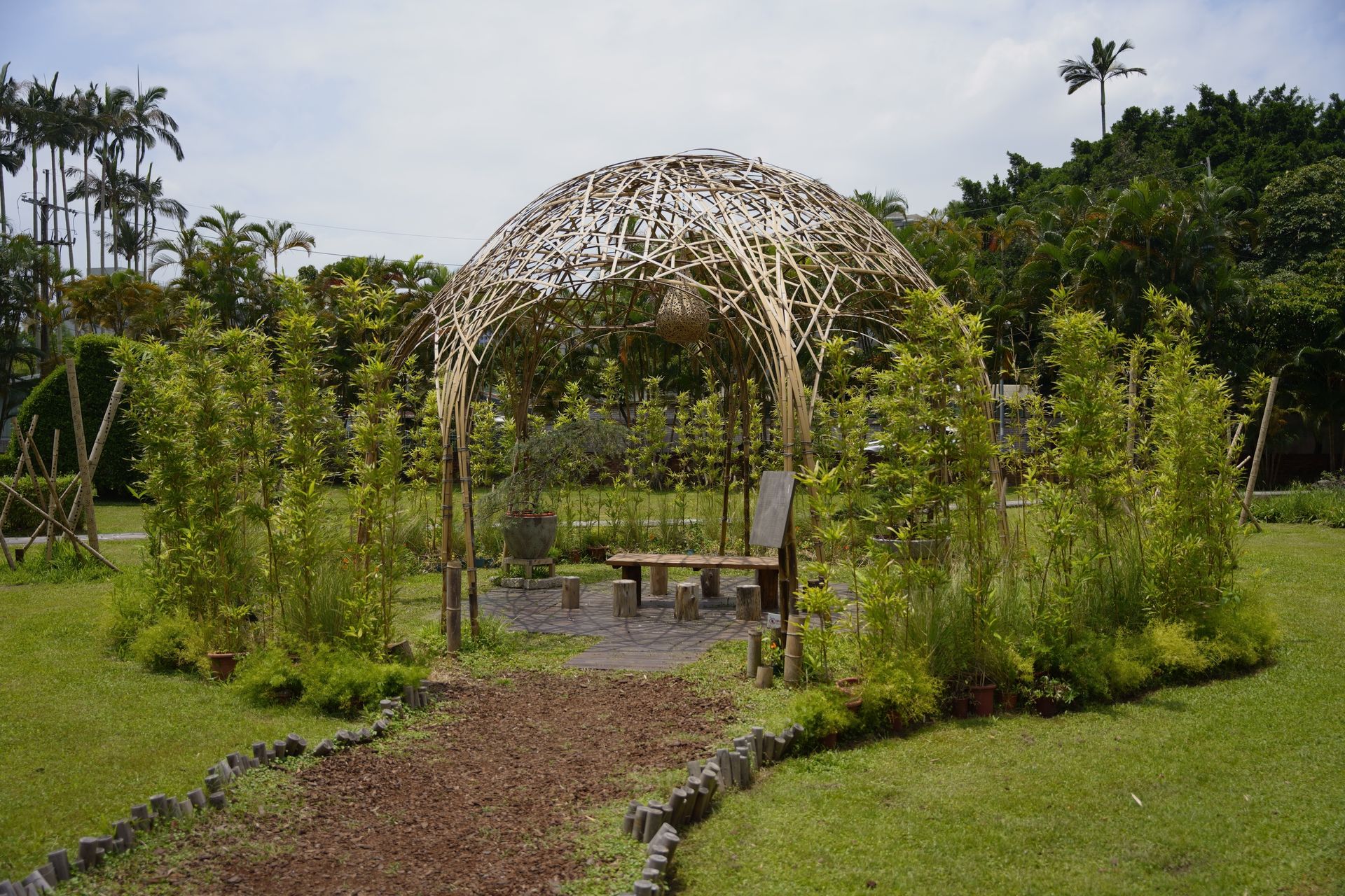 植物园里的竹编圆顶凉亭与木长凳