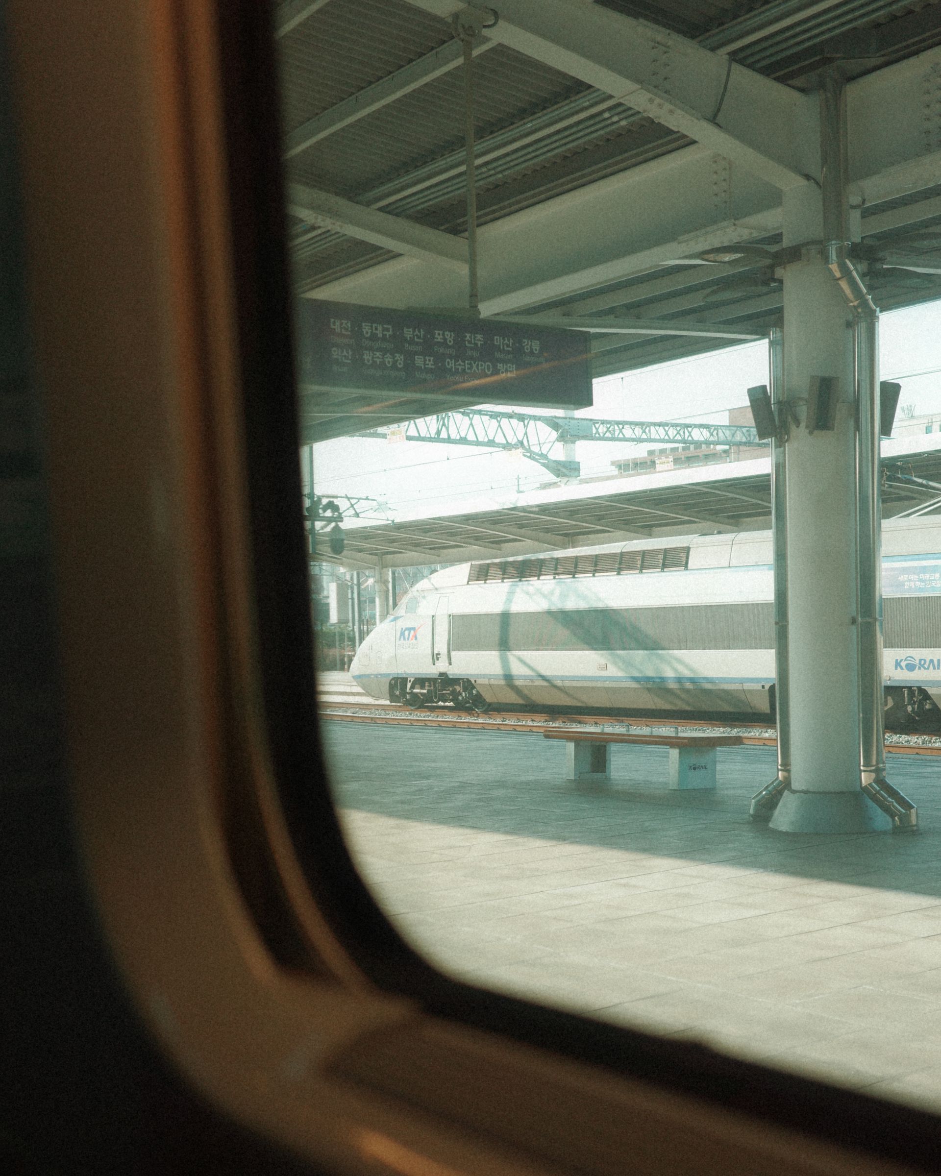 View of passenger train at Busan Station, showing travel and transportation in South Korea.