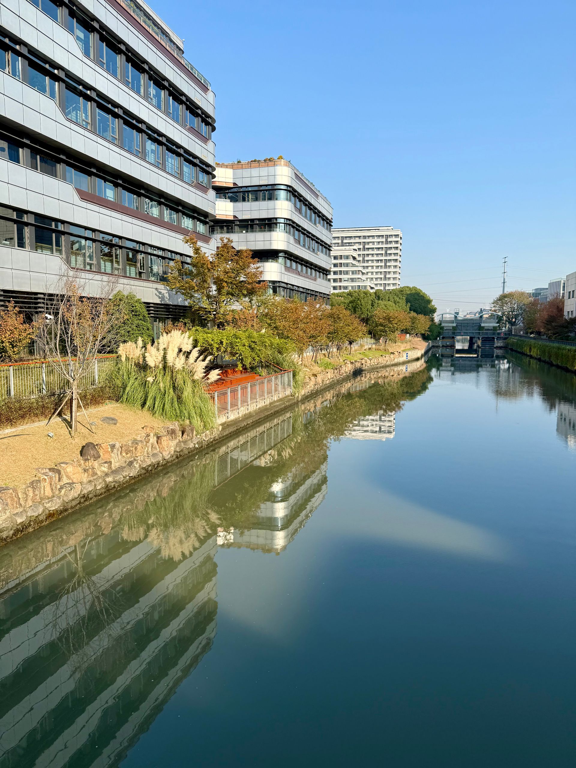Tranquil view of modern architecture reflected on Suzhou Creek in Shanghai, China.