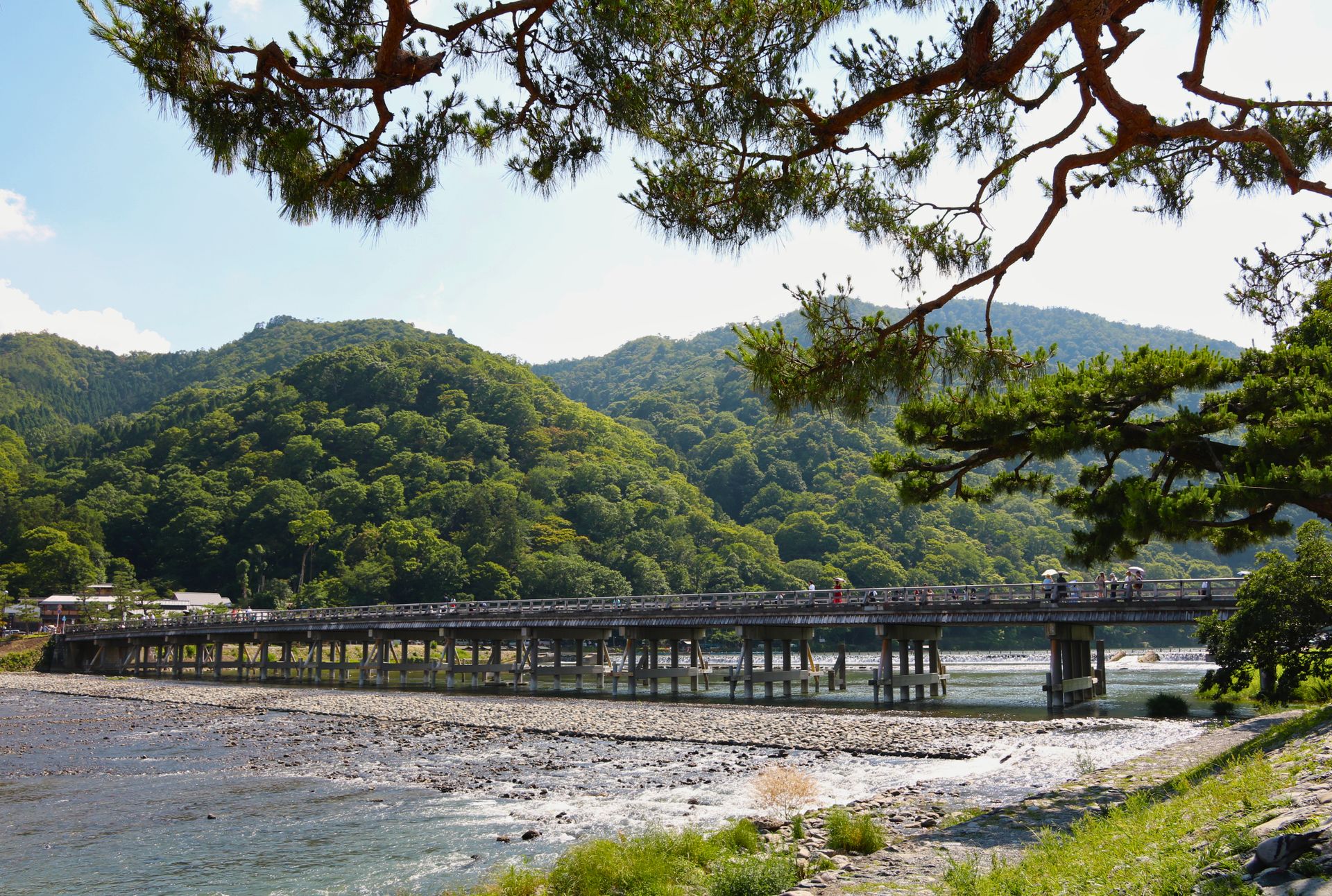 Scenic view of Togetsu Bridge over Katsura River in Arashiyama, Kyoto.
