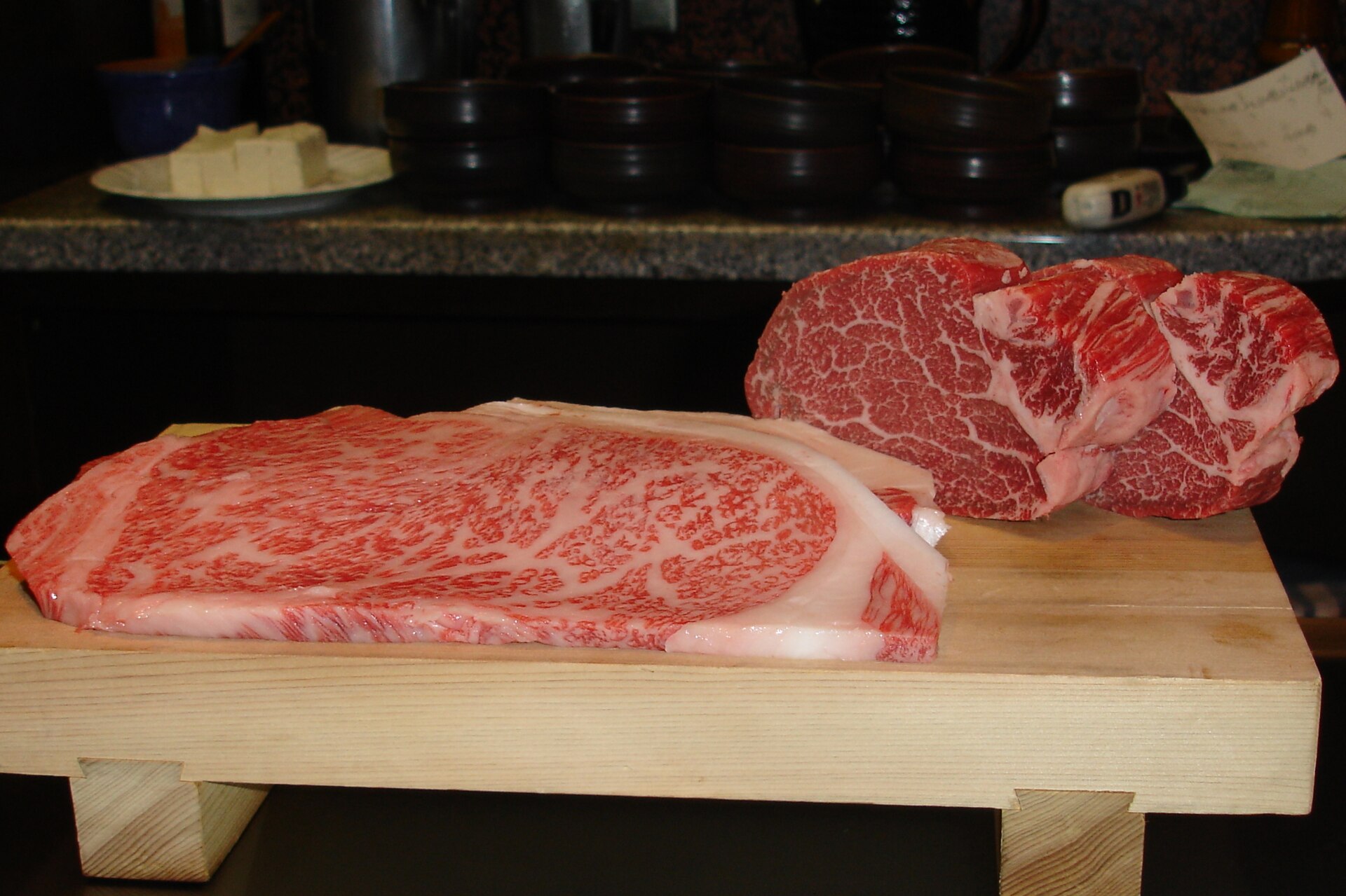Kobe Beef in Japan. There are four fillets pictured, the one in front is the highest grade of Kobe Beef.